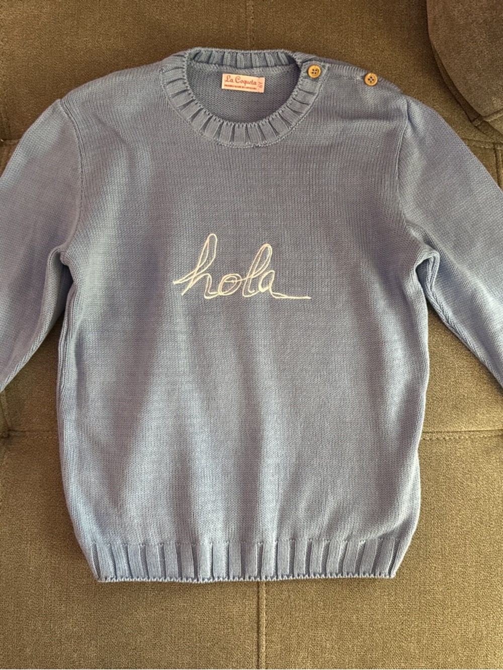💙 La Coqueta Blue “Hola” Cotton Knit Sweater | Size 6 | Made in Spain